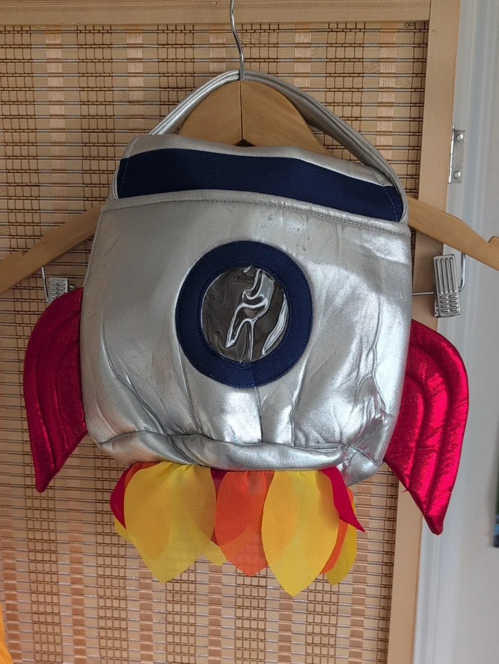 Pottery Barn Silver Rocket-Shaped Halloween Treat Bag with Red/Yellow Accents
